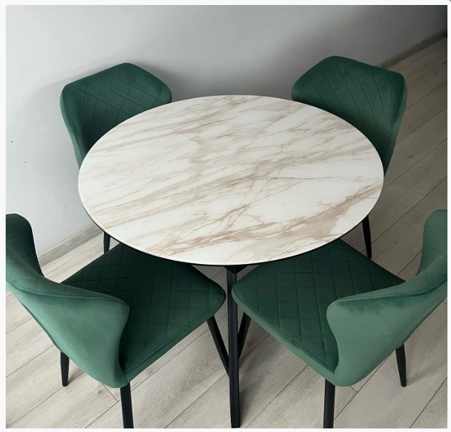 Стол БОНЖУР 100 БЕЖЕВЫЙ МРАМОР (ЛЕОНАРДО), черная шагрень, стекло / ЧЕРНЫЙ каркас М-City из Италии