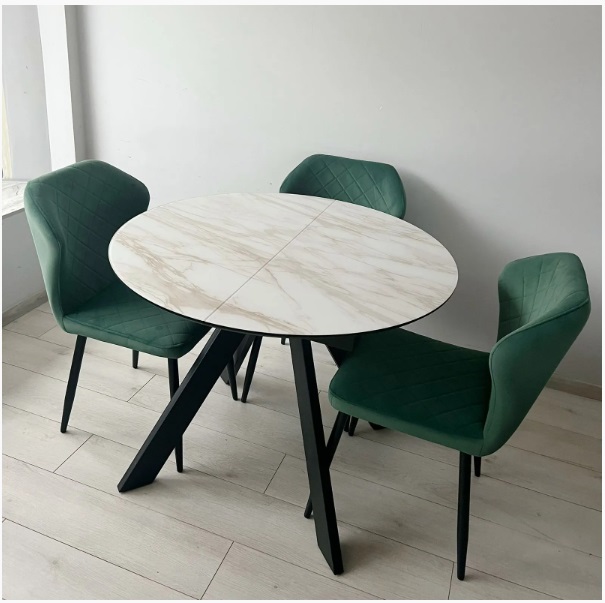 Стол БОНЖУР 100 БЕЖЕВЫЙ МРАМОР (ЛЕОНАРДО), черная шагрень, стекло / ЧЕРНЫЙ каркас М-City из Италии